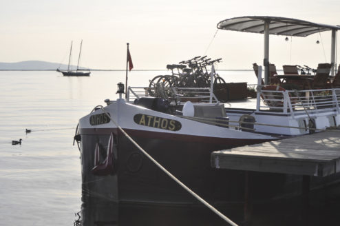 Athos' top deck moored at Marseillan Port on the Etang de Thau