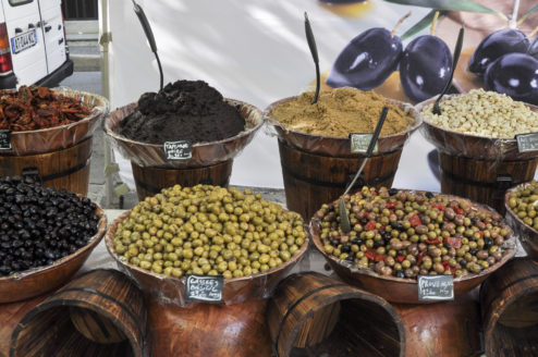 olives and tapenade on market